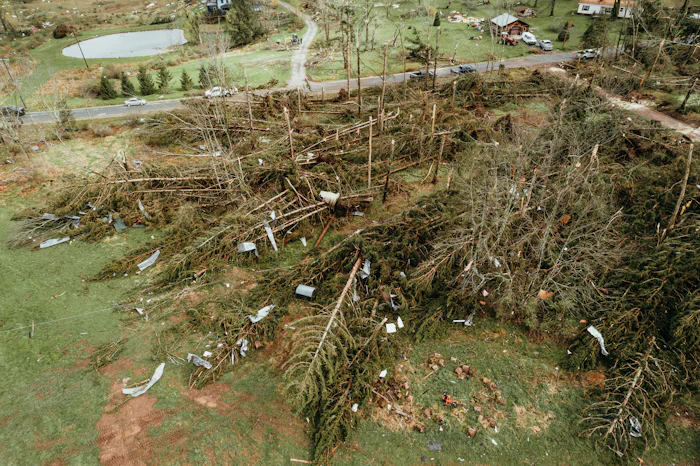 Field of storm-downed trees and brush