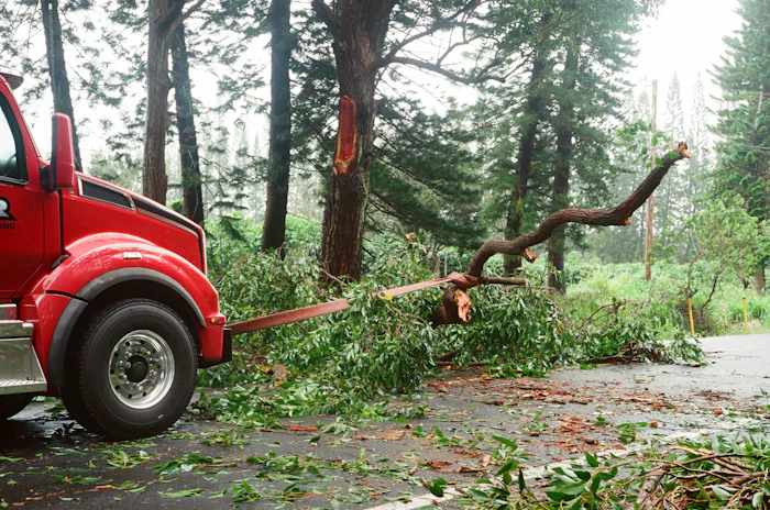 Truck pulling a fallen storm-damaged tree off a road